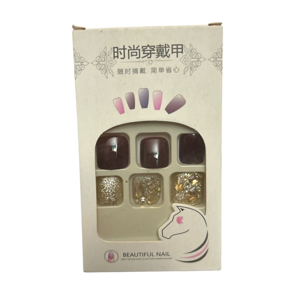 Press On Toenails Set Dark Wine Red & Gold Glitter Rhinestone DIY Fake Nails